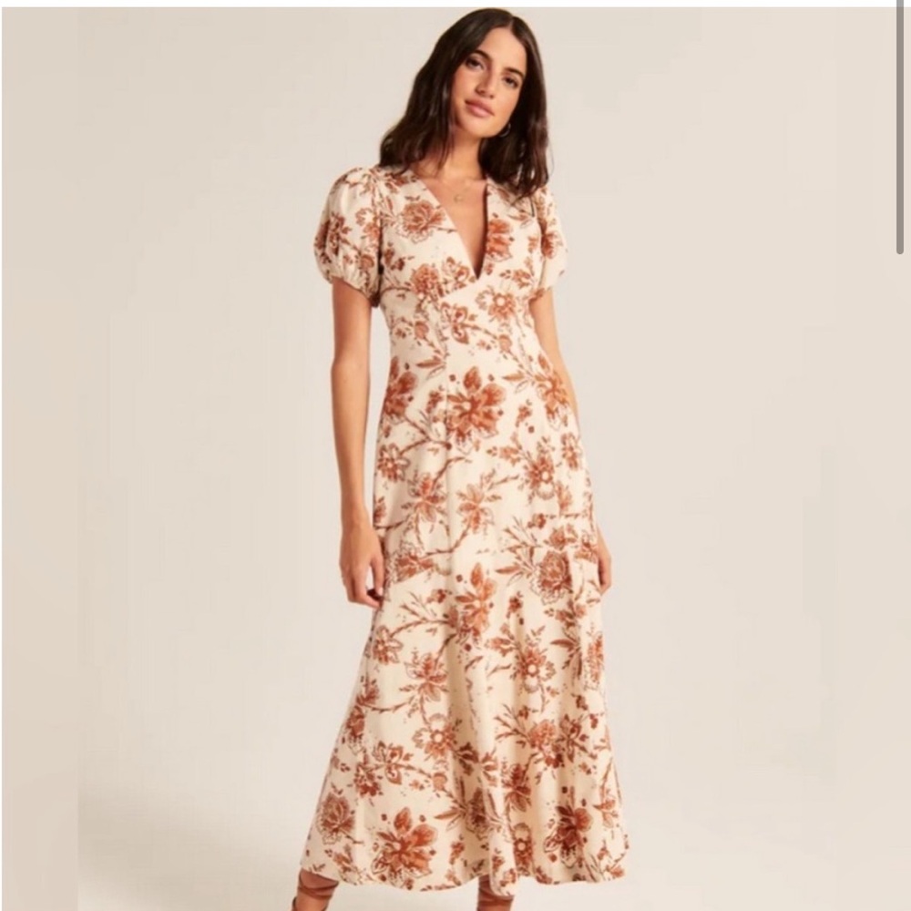 Abercrombie Neutral Puff Sleeve Poplin Midi Dress Size XS